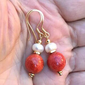 NEW red coral and freshwater pearl dangle earrings